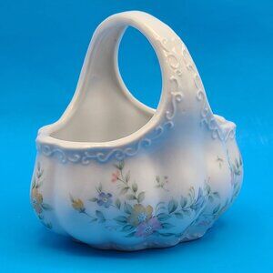 Vintage Hand Painted White Multicolor Floral Porcelain Basket Scrollwork 4 1/2"